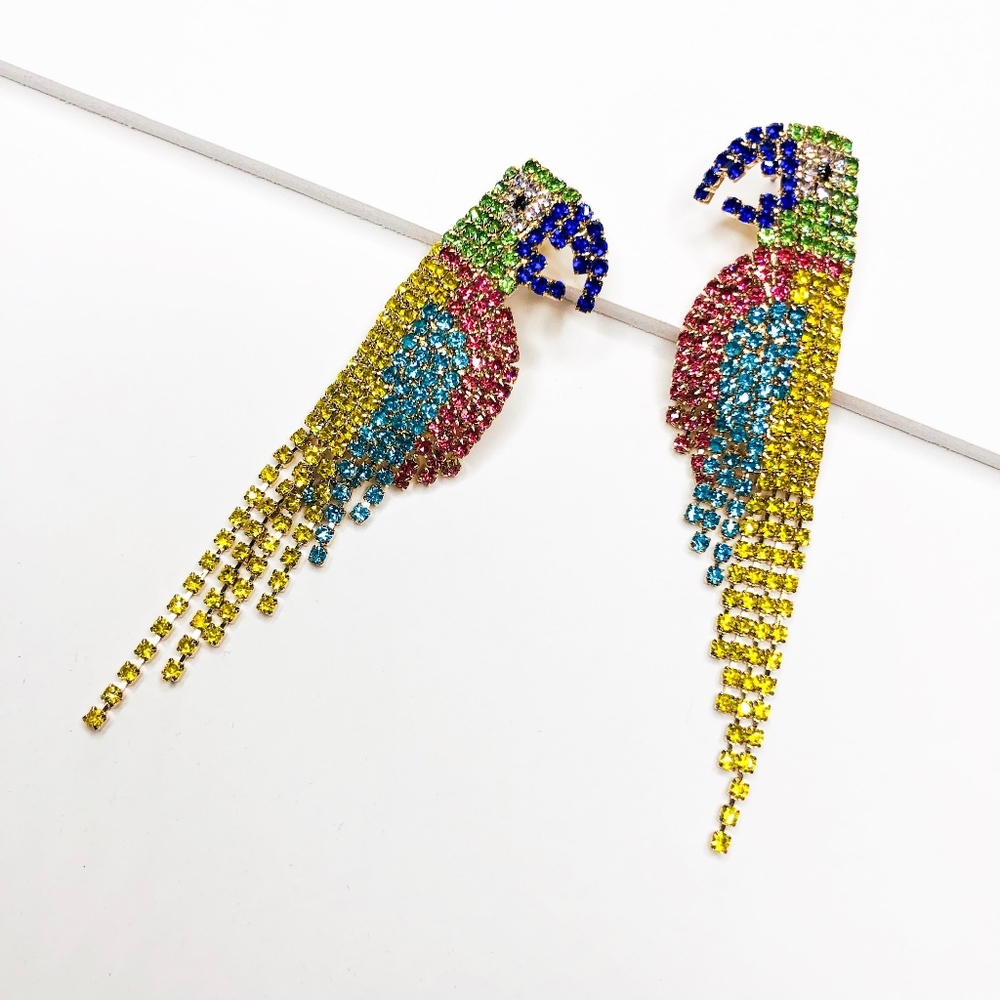 Milena Parrot Rhinestone Dangle Statement Earrings - Picture 1 of 5